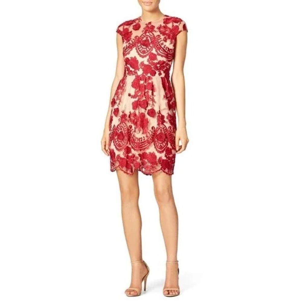 Marchesa Notte Red Nude Lace Mena Cocktail Dress